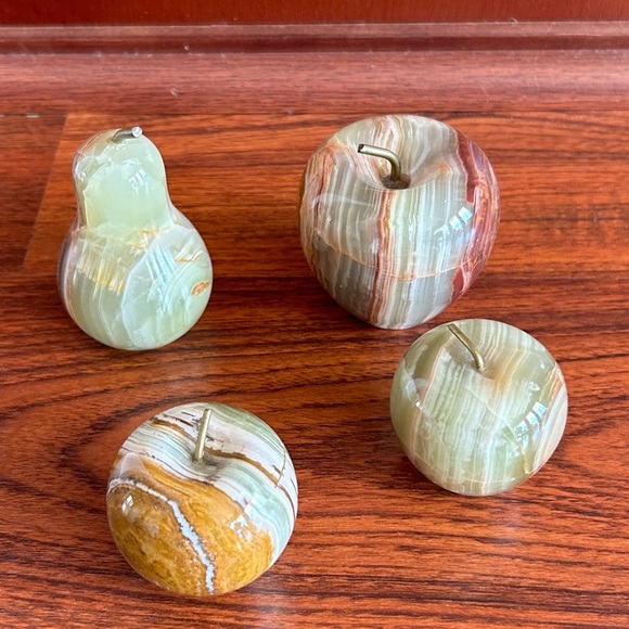 Other - Vintage Alabaster Onyx Carved Stone Fruit Decor Lot Of 4 Apples Pear Brass Stem